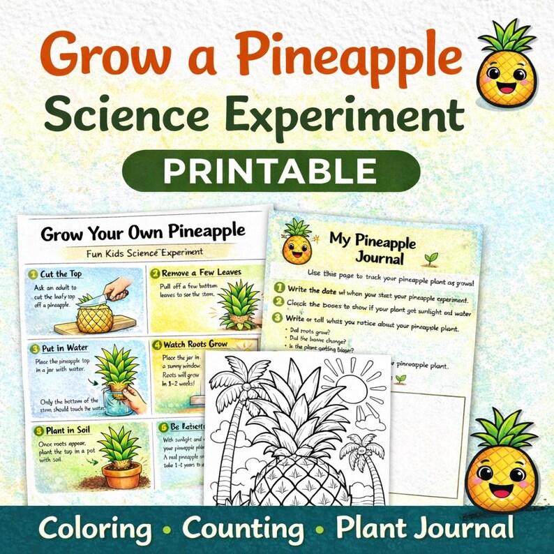 Grow a Pineapple Science Experiment Printable | Kids Plant Journal, Coloring Page | Homeschool Science Activity for Kids