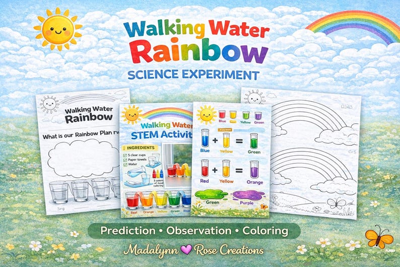 Walking Water Rainbow Science Experiment Printable | Kids STEM Activity | Color Mixing Worksheet
