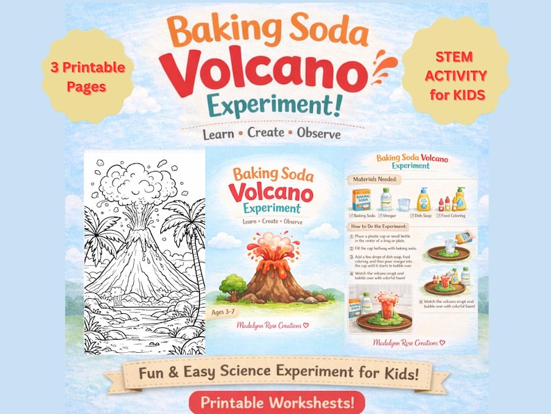 Baking Soda Volcano Experiment Printable | Kids Science Activity | Preschool STEM Worksheet | Easy Home Experiment | Montessori Learning