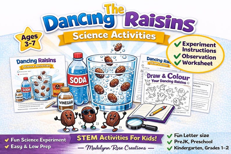 Dancing Raisins Experiment Printable | Kids Science Activity | STEM Worksheet | Preschool Kindergarten Homeschool | Easy Science Experiment