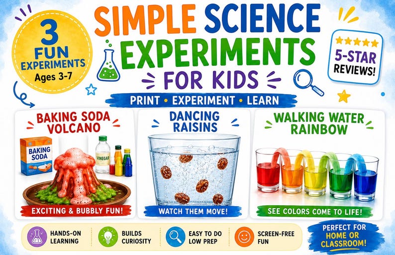 Simple Science Experiments Printable | STEM Activity Bundle | Preschool Kindergarten Homeschool | Volcano Dancing Raisins Walking Water