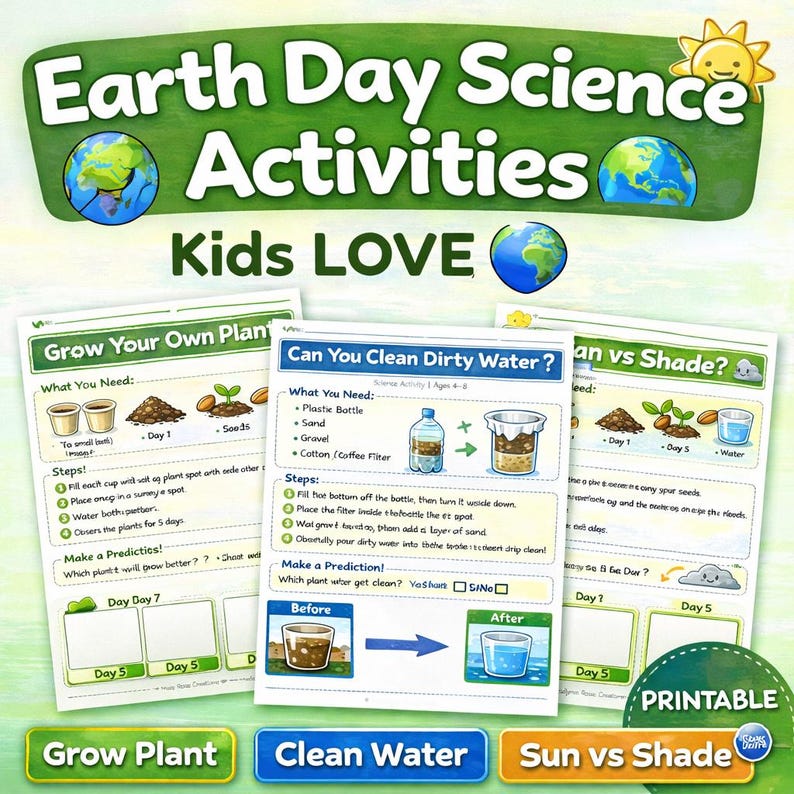Earth Day Science Experiments for Kids | Grow Plant, Clean Water, Sun vs Shade | Printable STEM Activities | Homeschool Preschool Worksheets