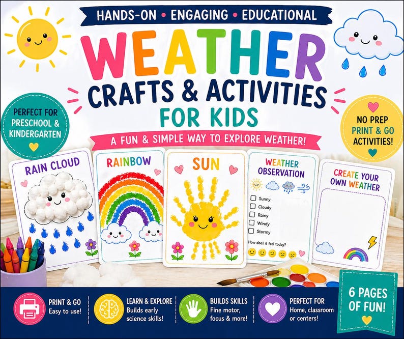 Weather Crafts for Kids | Printable Rain Cloud, Rainbow, Sun Activities (Digital Download)