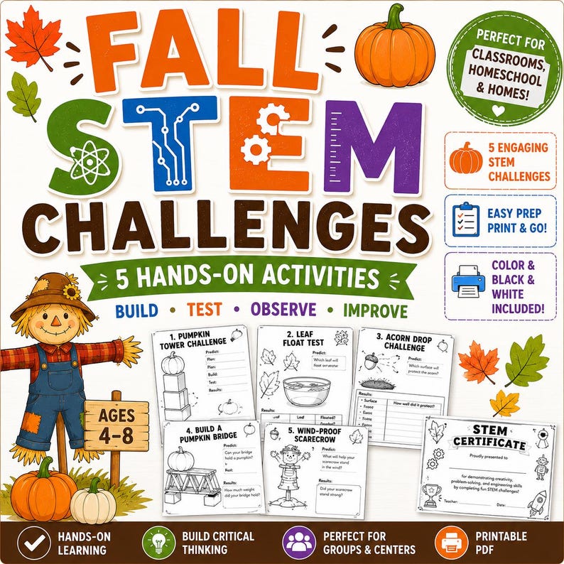 Fall STEM Challenges for Kids | Pumpkin STEM Activities | Engineering Challenges | Fall Science Activities | Homeschool Printable