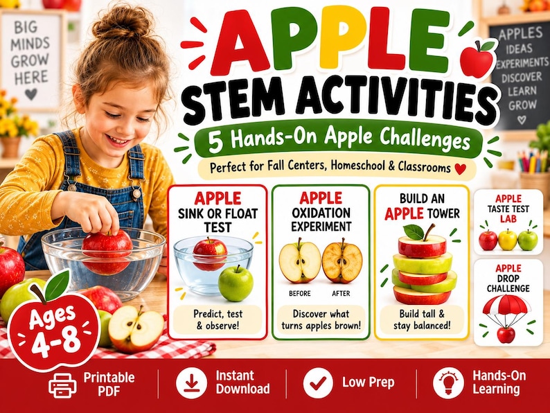 Apple STEM Activities for Kids | Apple Science Experiments | Fall STEM Challenges | Kindergarten Science | Homeschool Printable