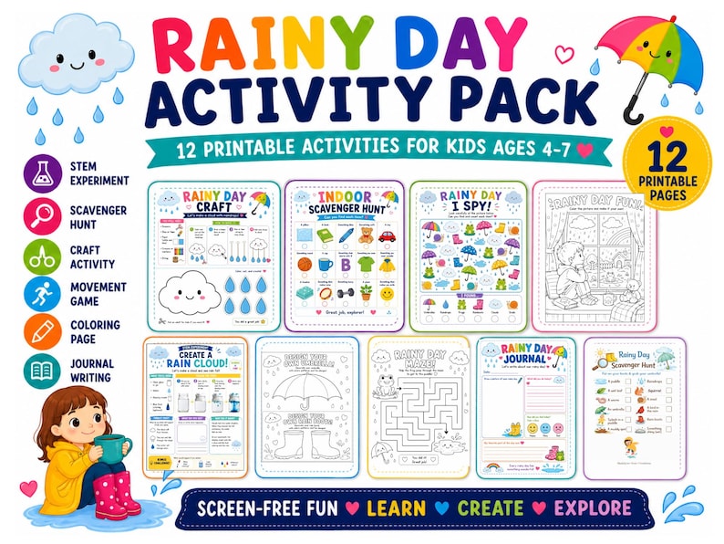 Rainy Day Activity Pack for Kids | STEM, Scavenger Hunt, Craft (Ages 4-7) (Digital Download)