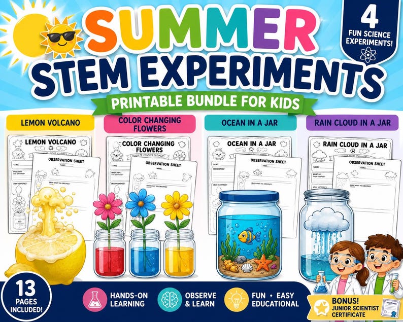 Summer STEM Experiments Printable Bundle | Lemon Volcano, Flower Colors, Ocean Jar (PDF Download)