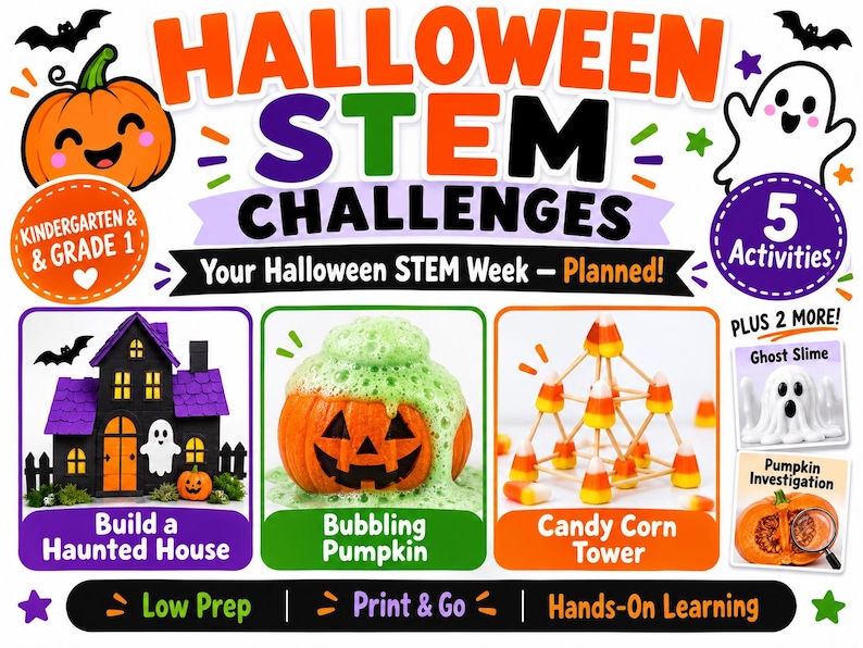 Halloween STEM Challenges for Kindergarten & Grade 1 | Haunted House, Pumpkin, Slime Activities (Digital Download)