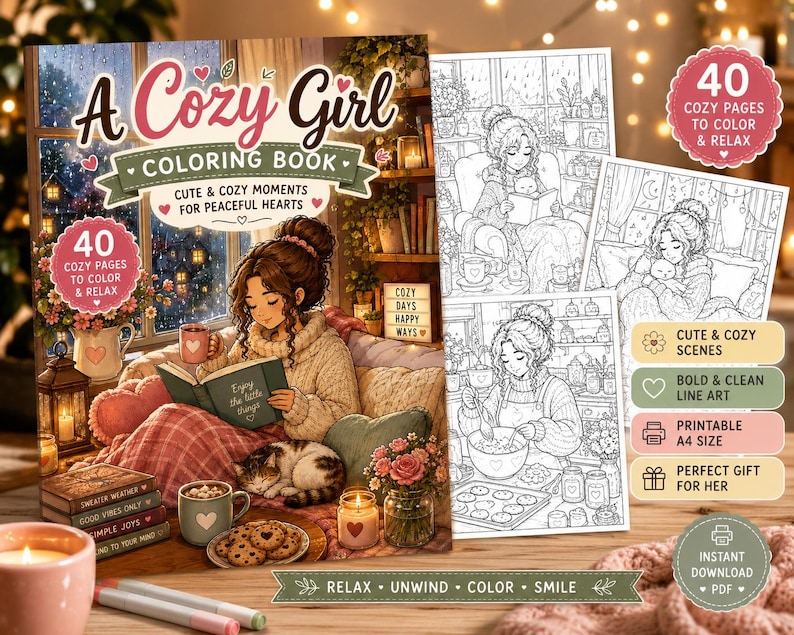 Cozy Girl Coloring Book, Printable Cozy Coloring Pages, Relaxation Coloring Book, A4 Digital Download, Cute Cozy Coloring Book